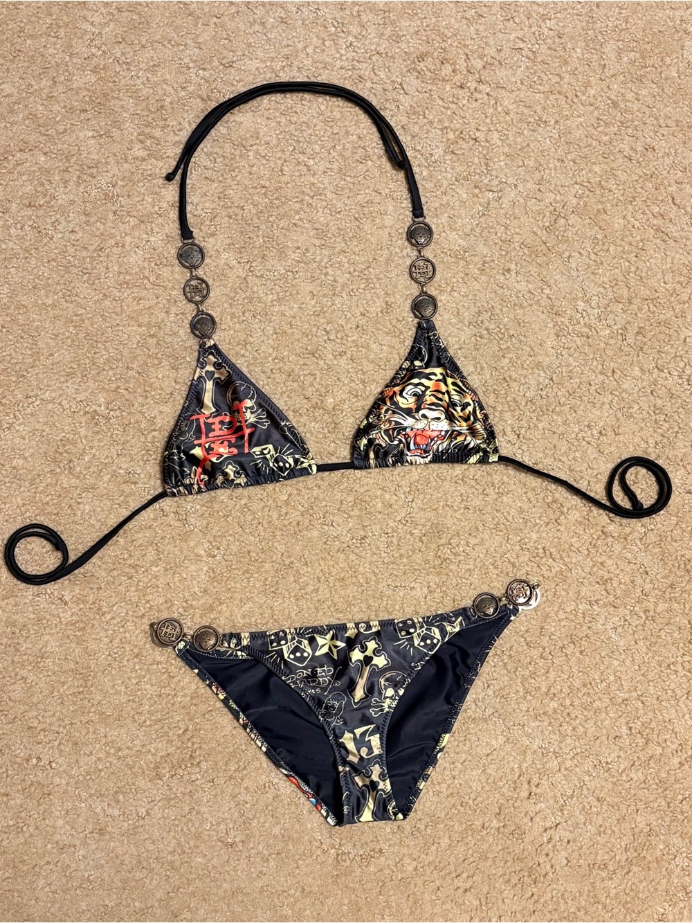 Vintage Ed Hardy Black Tiger Print Triangle Bikini Set